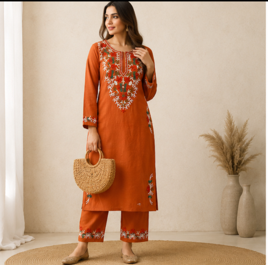 Women’s Rust Orange Embroidered Cotton Kurta Pant Set | Elegant Ethnic Wear