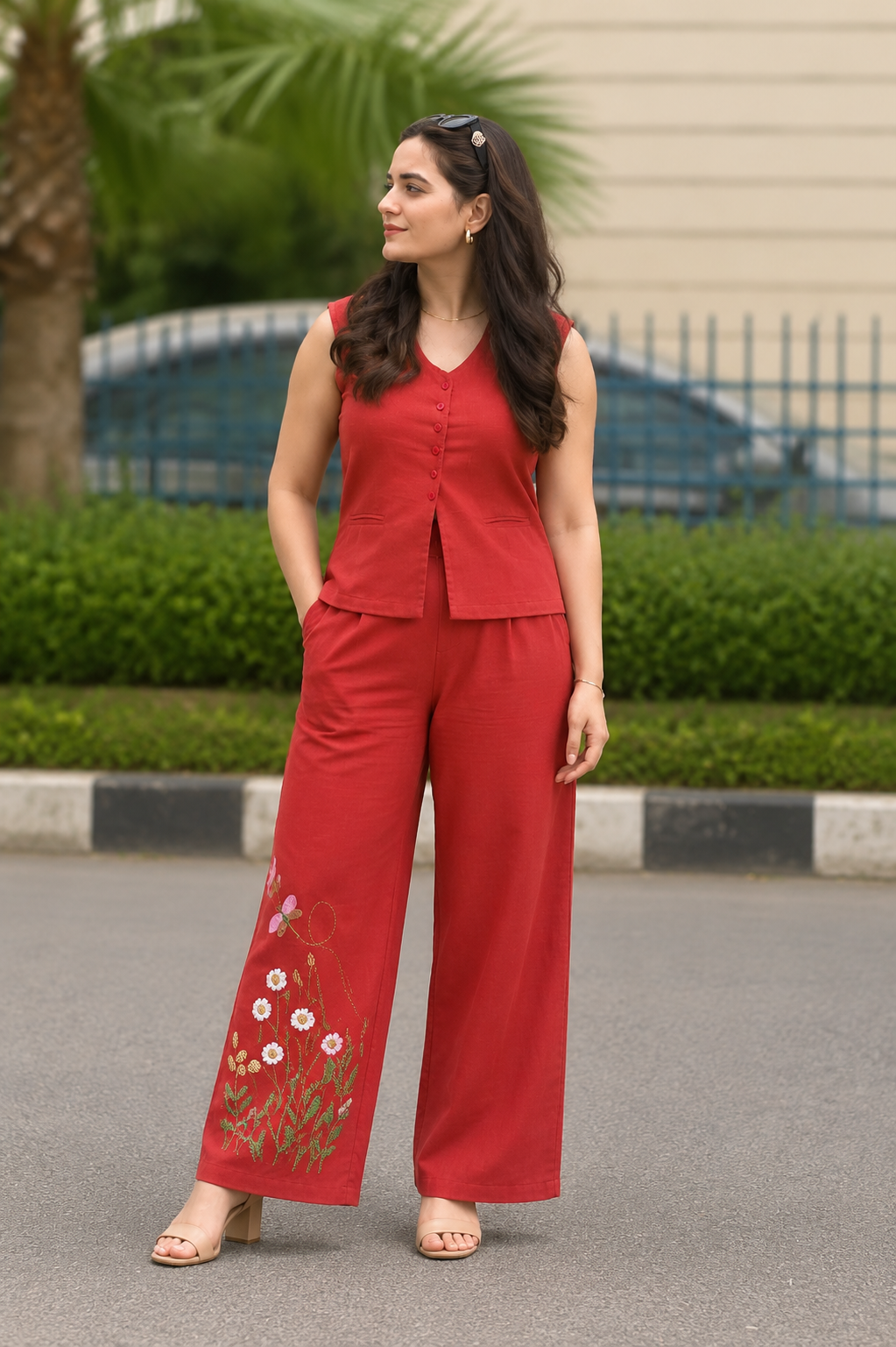 Rust Elegant Floral Embroidered Co-Ord Set for Women | Sleeveless Top & Wide Leg Pants