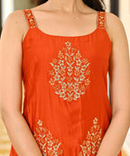 Premium Handwork Pearl & Dori Embroidered Kurti Set Orange