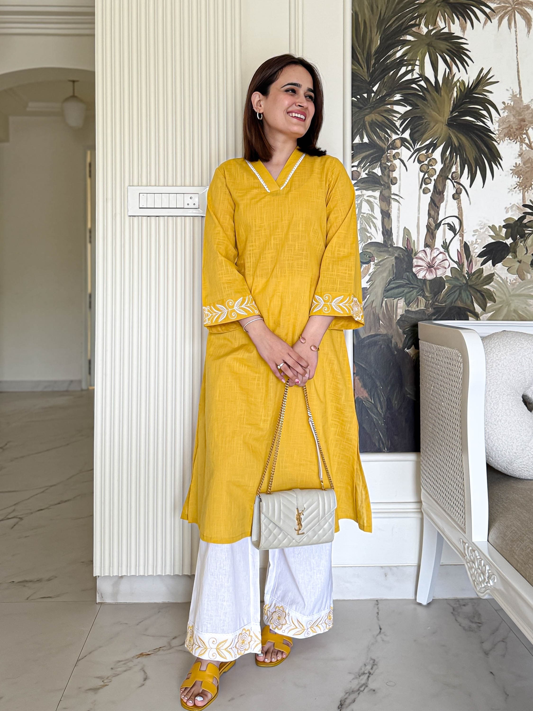 Mustard Yellow Textured Kurta with Embroidered Cuffs