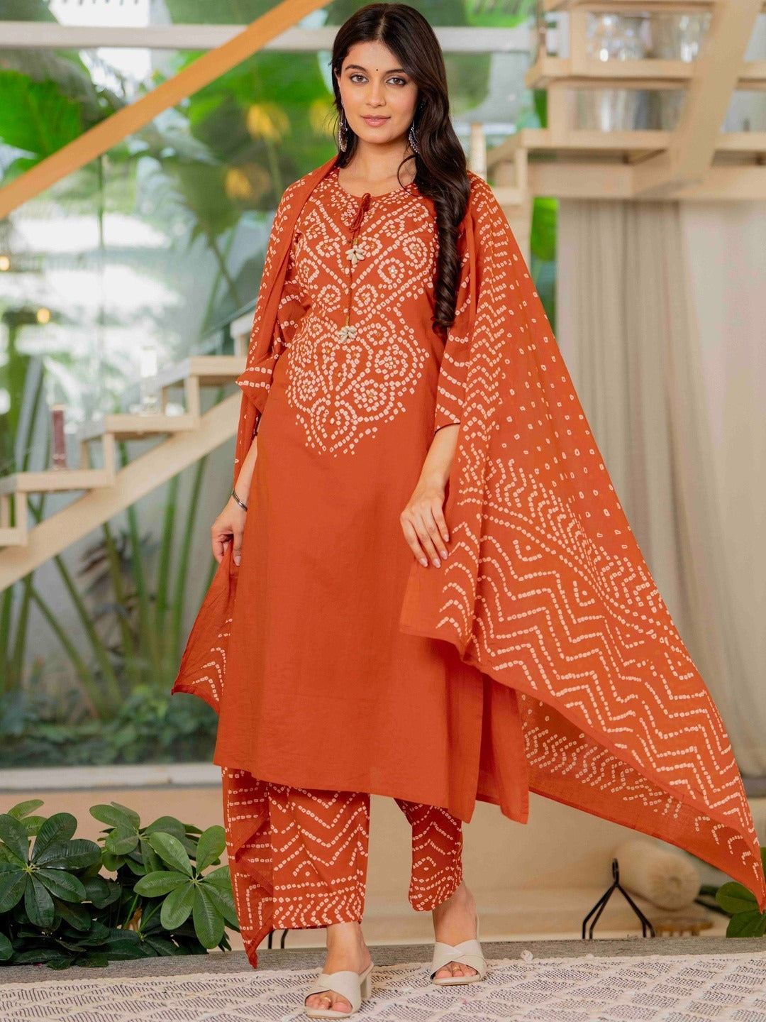 Elegant Orange Bandhani Print Kurta Pant Dupatta Set for Women | Festive Ethnic Wear Collection