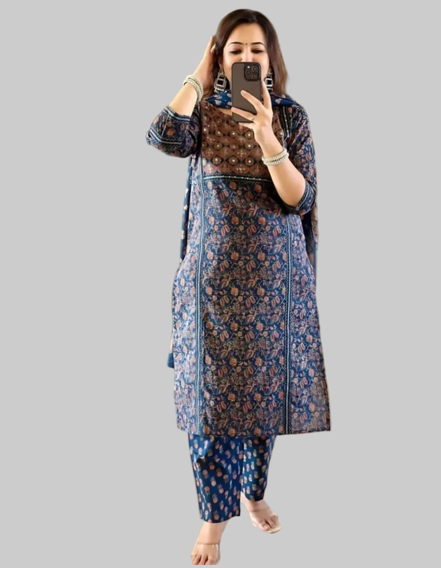 Pure Cotton Ajrakh Printed Kurti Pant Dupatta Set 💙