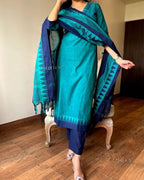 Premium Teal Blue Cotton Kurta Pant Dupatta Set for Women | Elegant Ethnic Wear Co-ord Set