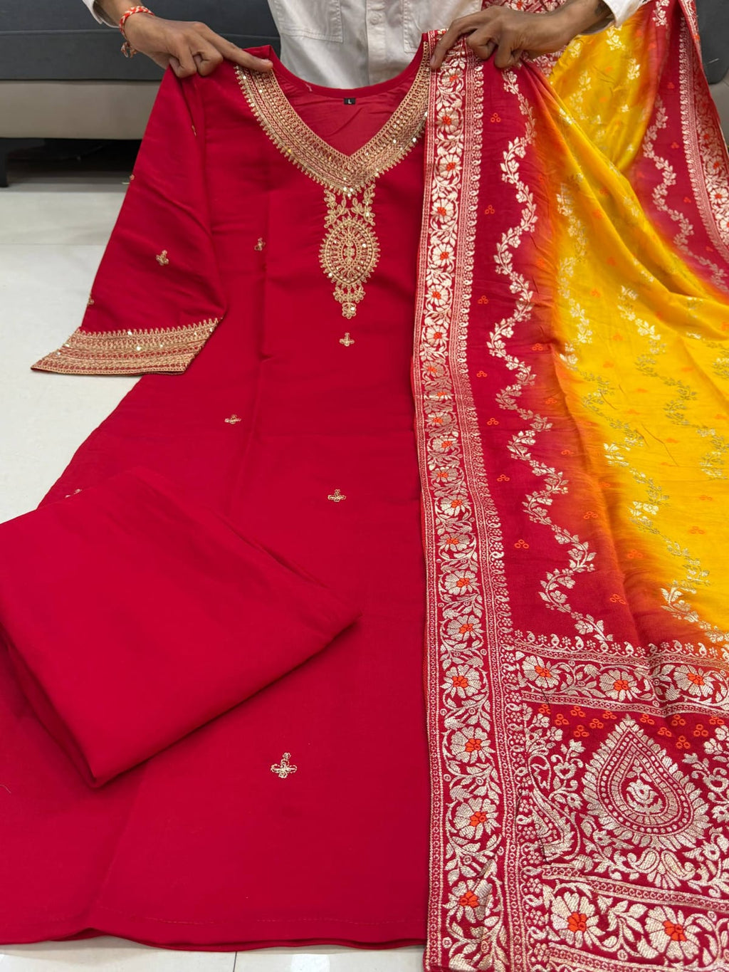 Women's Premium Berry Silk Blend Embroidered Kurta Pant Set with Zari Stripe Kanjivaram Blend Dupatta | Festive 3-Piece Ethnic Suit with Cotton Lining (Pack of 3)