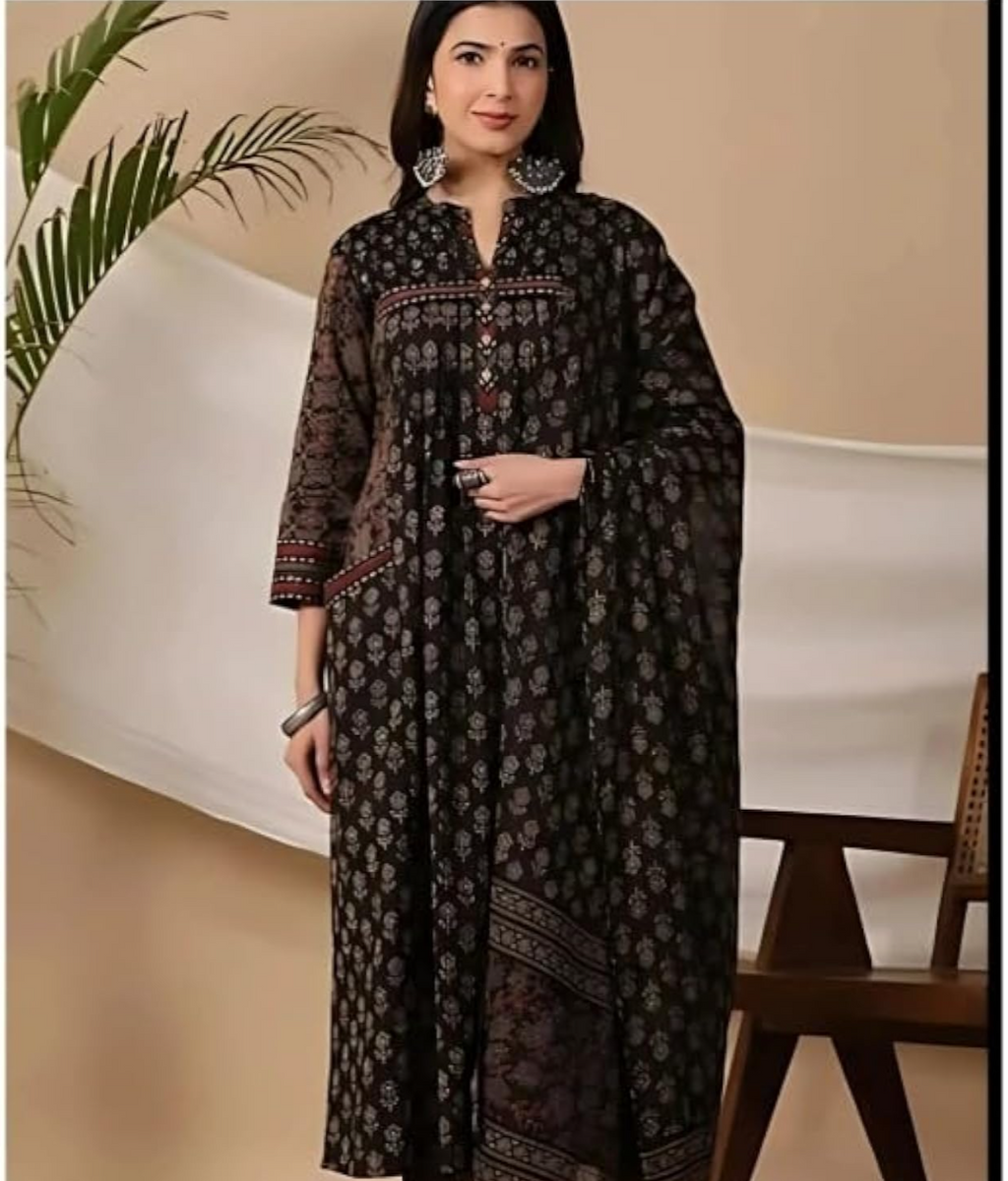 Elegant Black Pure Cotton Anarkali Suit Set