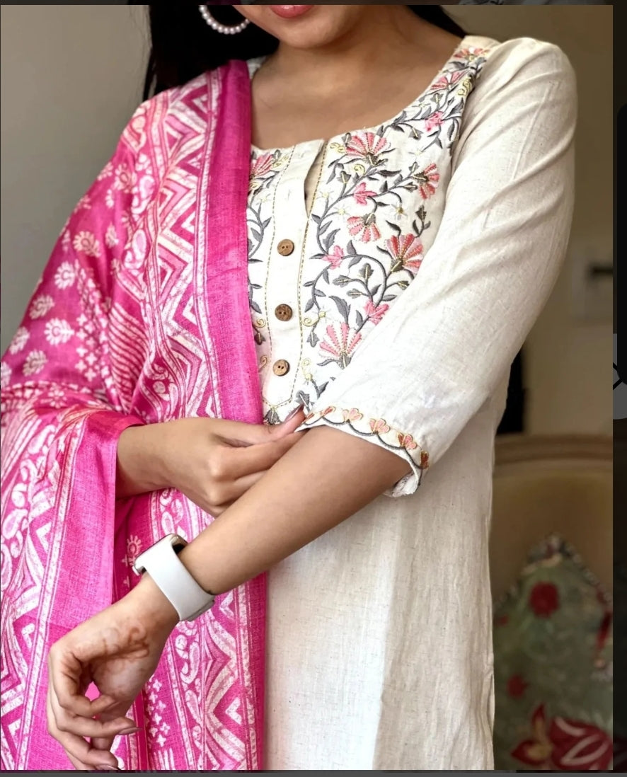 Embroidered Khadi Cotton Kurta Set