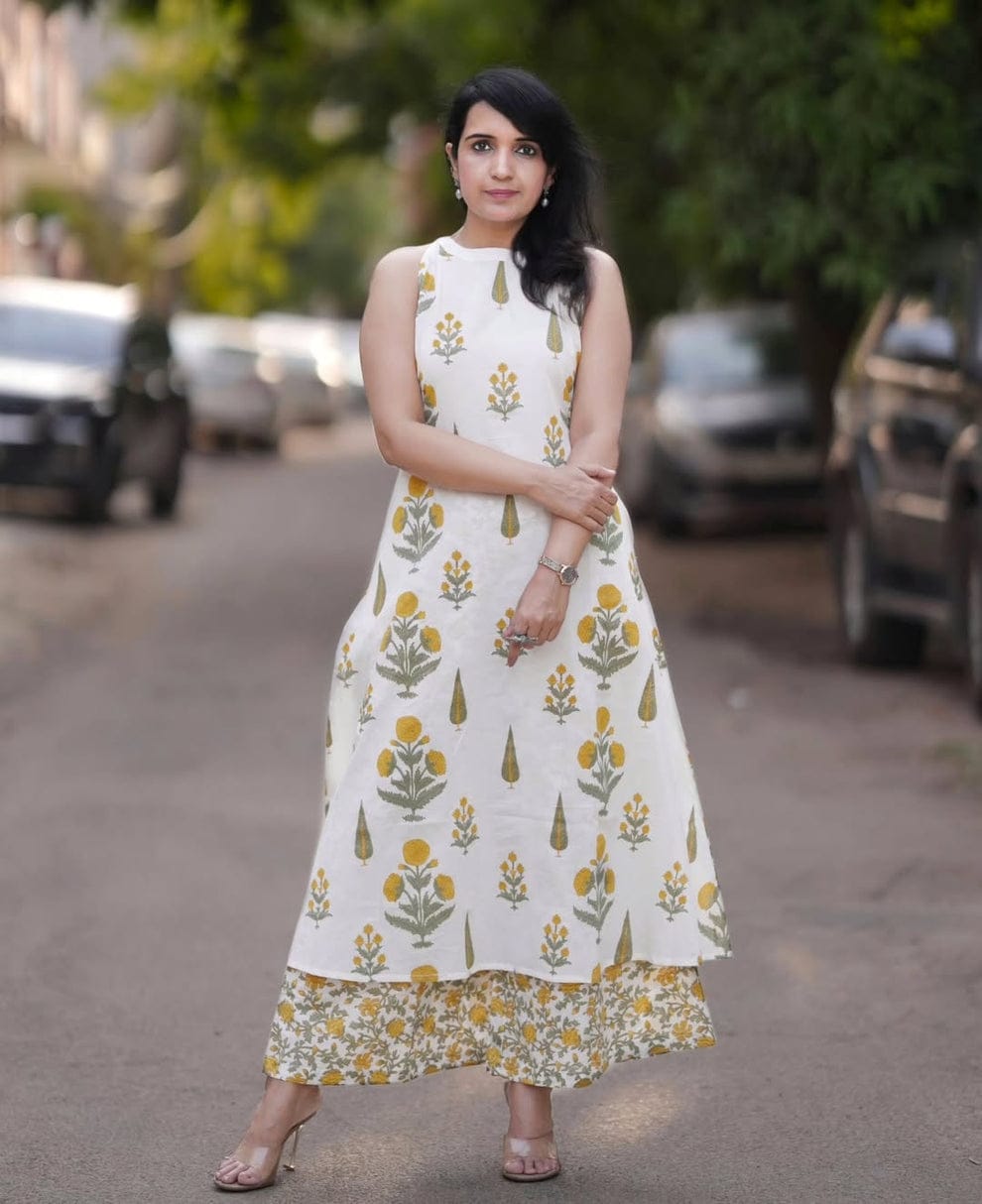 Chic Floral Hand-Block Print Cotton Flex Co-ord Set yellow 💛