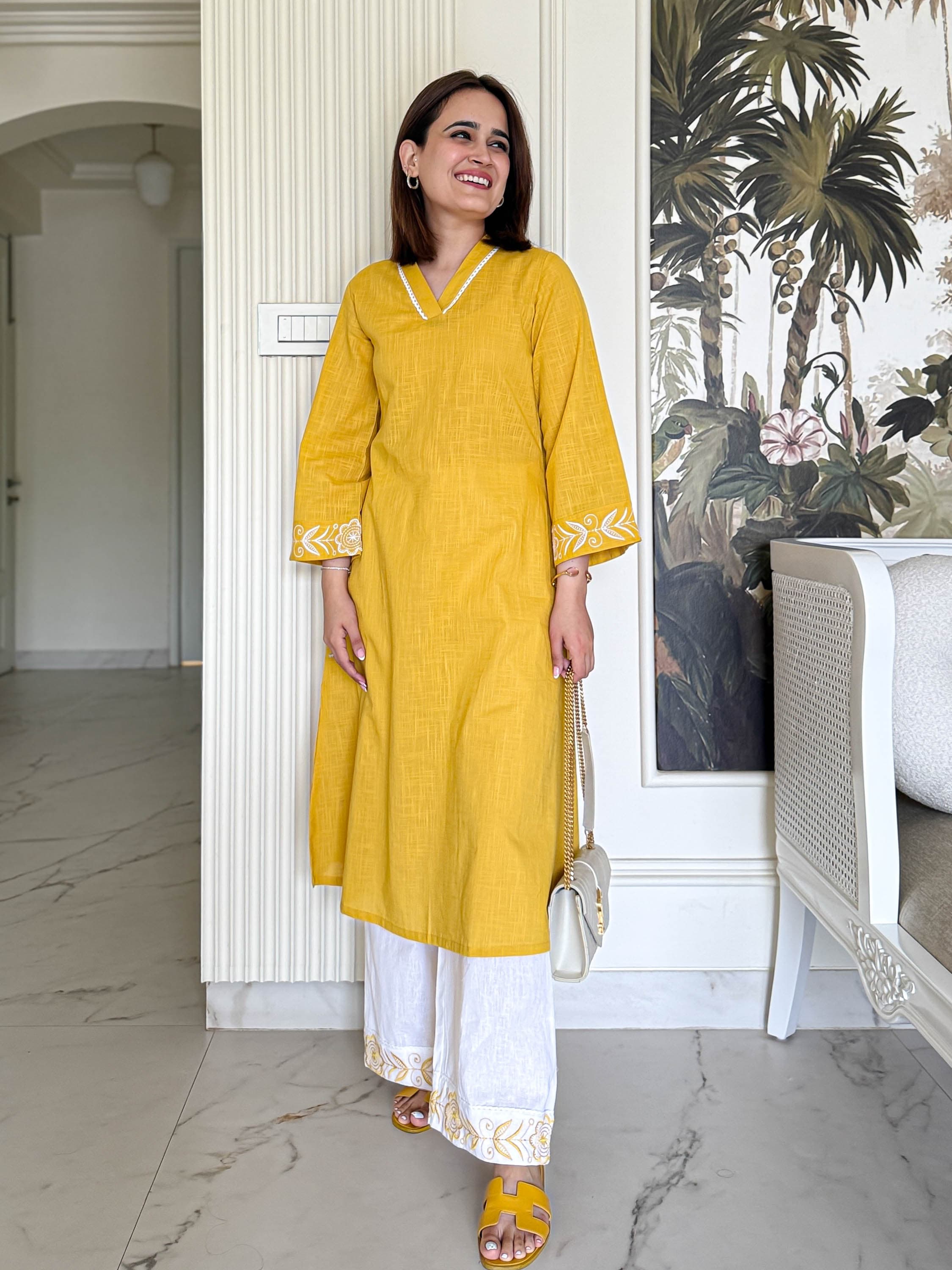 Mustard Yellow Textured Kurta with Embroidered Cuffs