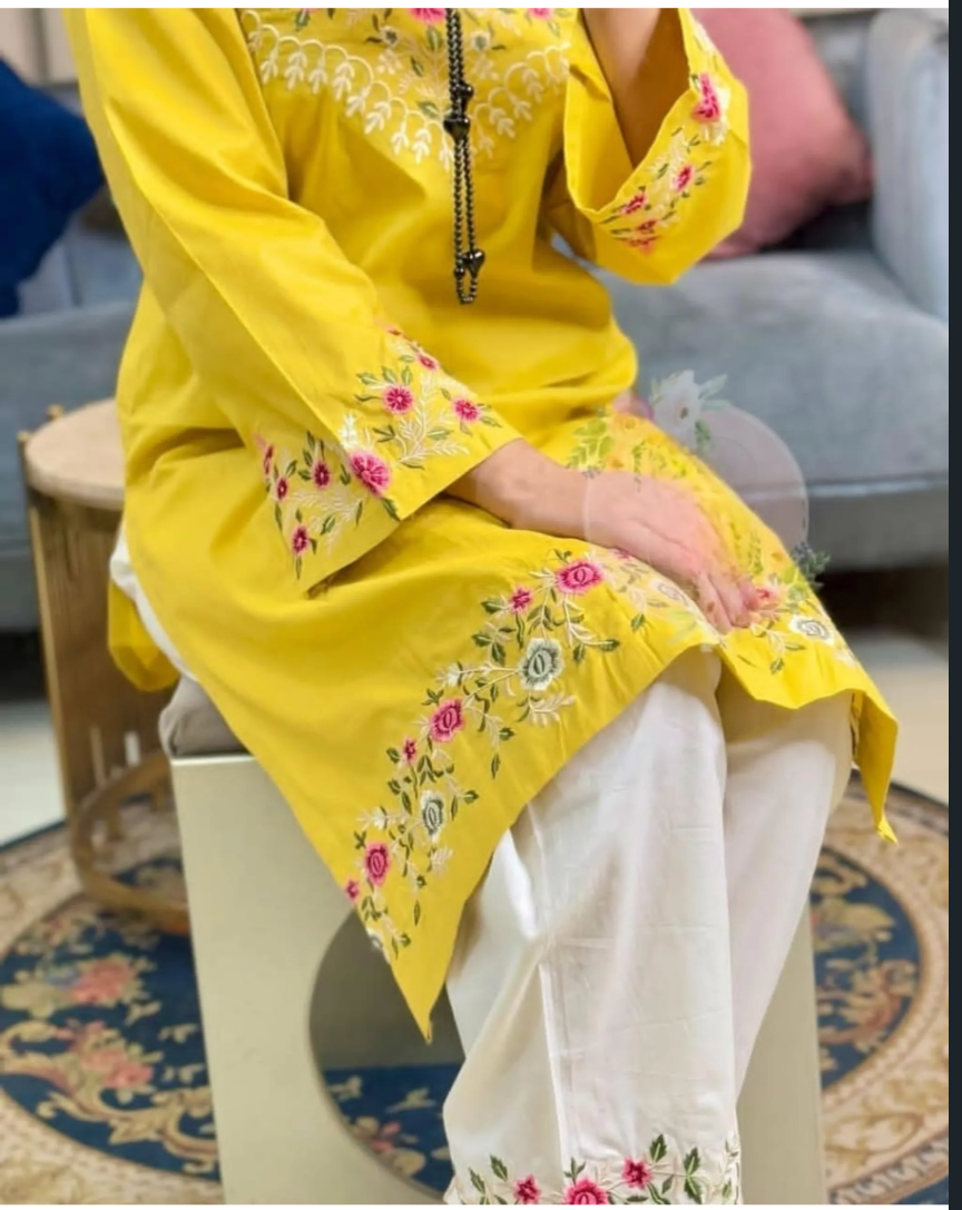 Women’s Sunshine Yellow Embroidered Cotton Kurta Pant Set | Elegant Ethnic Wear