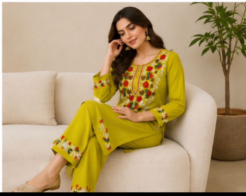 Women’s Lime Yellow Embroidered Cotton Kurta Pant Set | Elegant Ethnic Wear