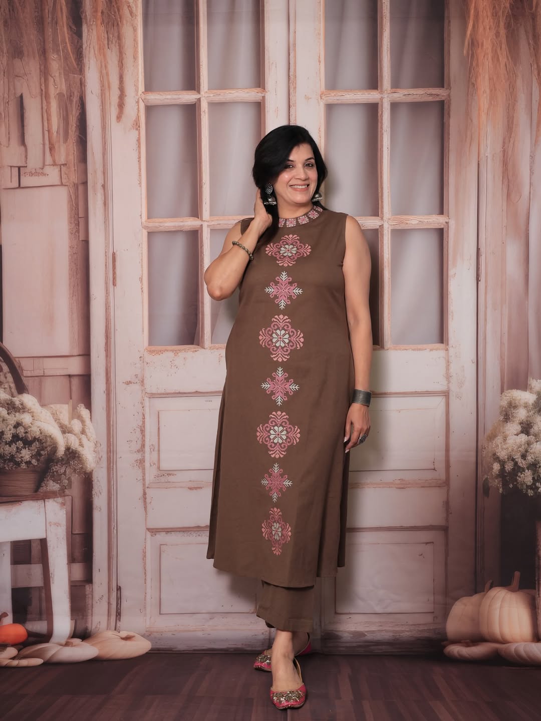 Elegant Coffee Brown Embroidered Cotton Slub Co-ord Set