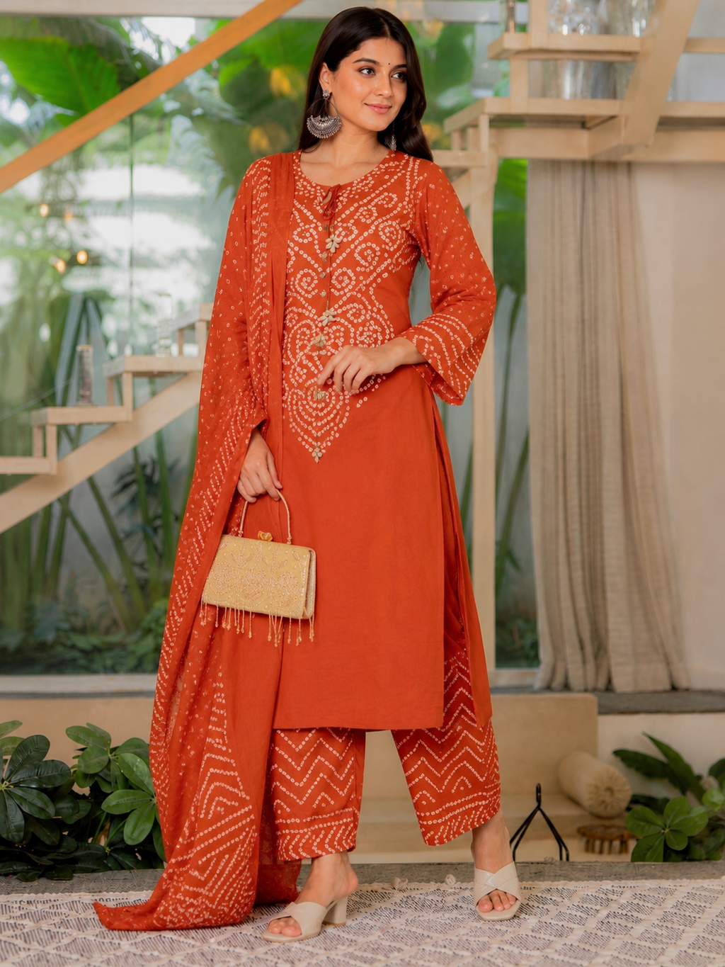Elegant Orange Bandhani Print Kurta Pant Dupatta Set for Women | Festive Ethnic Wear Collection