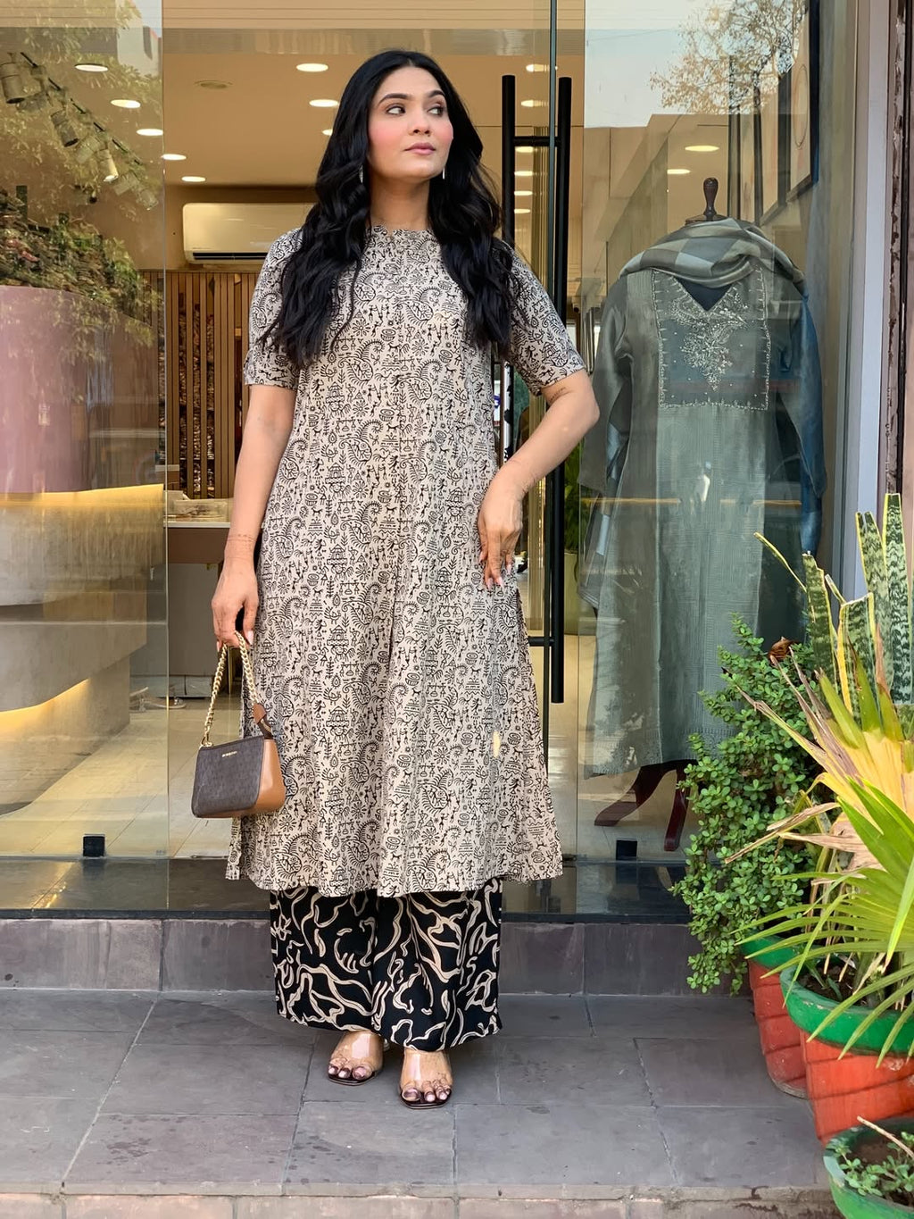 Women’s Beige Printed Kurta Palazzo Co-Ord Set | Elegant Ethnic Wear