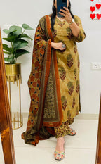 Women’s Mustard Yellow Floral Printed Cotton Blend Kurta Pant Dupatta Set | Ethnic Wear