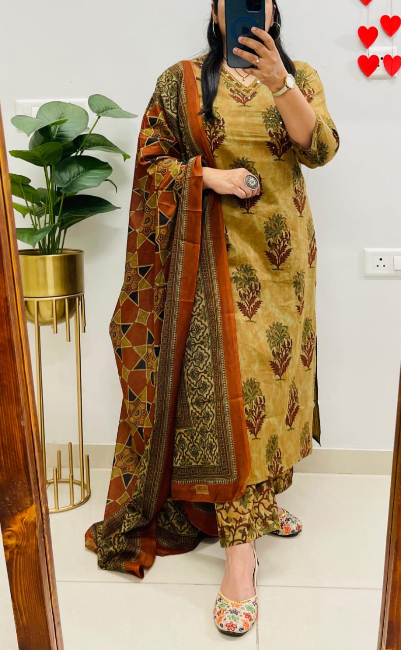 Women’s Mustard Yellow Floral Printed Cotton Blend Kurta Pant Dupatta Set | Ethnic Wear