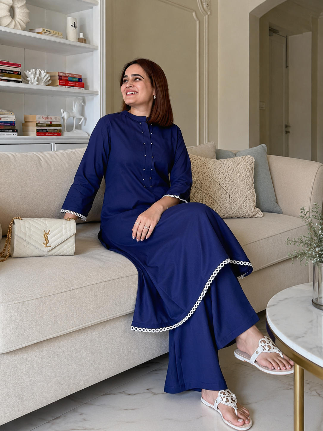 Women’s Navy Blue Straight Cotton Kurta Palazzo Set | Elegant Ethnic Wear