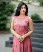 Women’s Rose Pink Tiered Cotton Maxi Dress | Elegant Summer Ethnic Wear