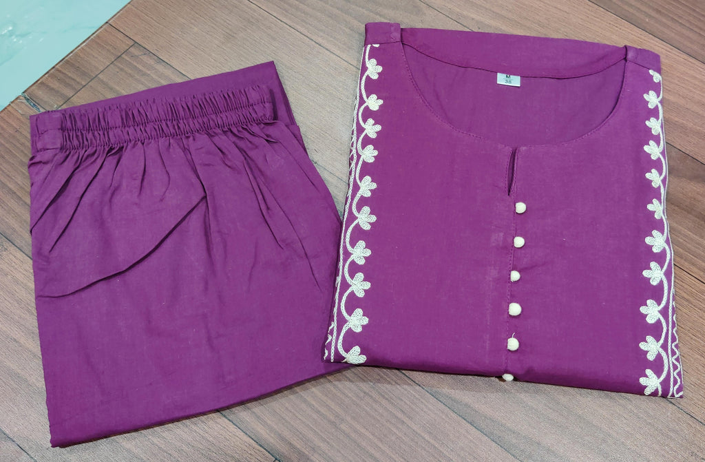 Women’s Purple Embroidered Cotton Kurta Palazzo Set | Elegant Ethnic Wear
