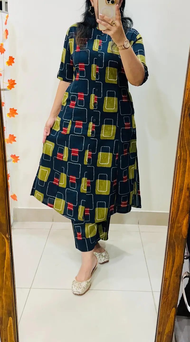 Premium green Floral Fine Cotton Kurti Palazzo Co-ord Set ✨