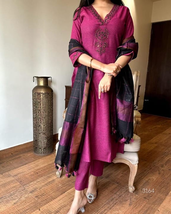 Premium Handloom Khadi Cotton Embroidered Suit Set with Dupatta