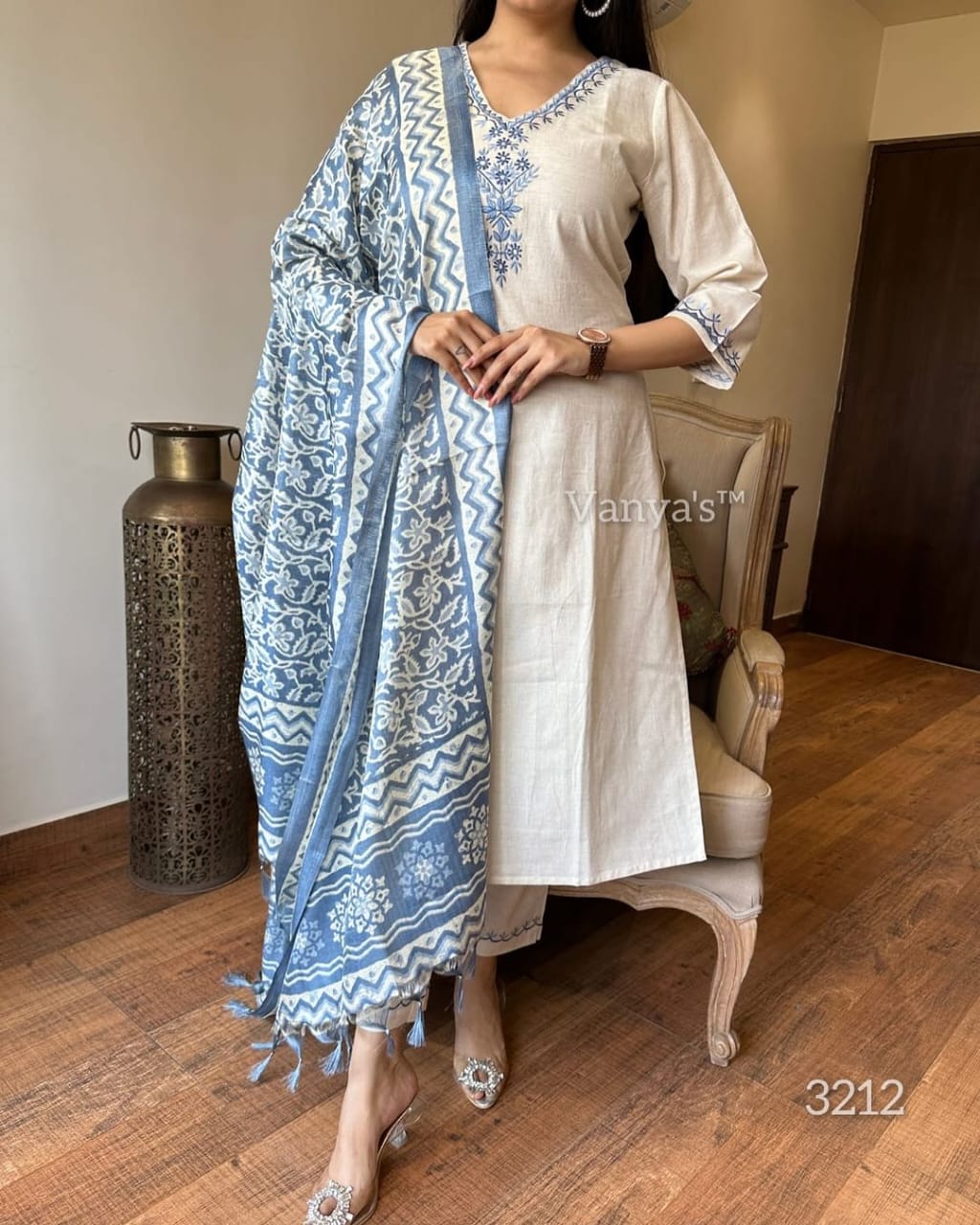Off-White Cotton Kurta Set with Indigo Block Printed Dupatta