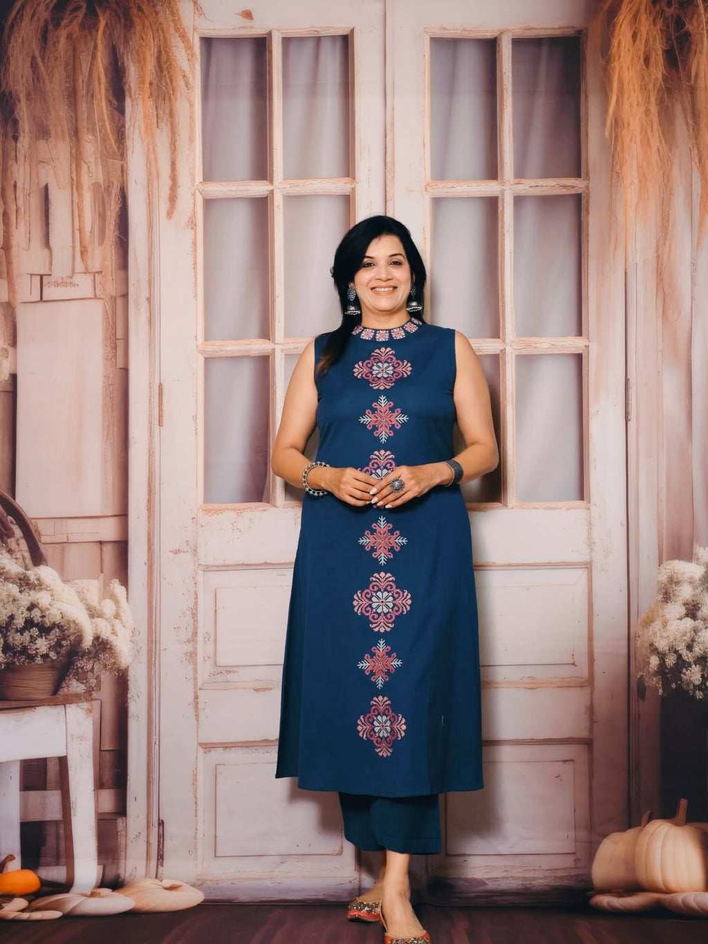 Elegant Blue Embroidered Cotton Slub Co-ord Set