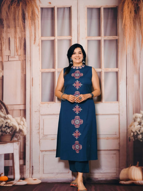 Elegant Blue Embroidered Cotton Slub Co-ord Set