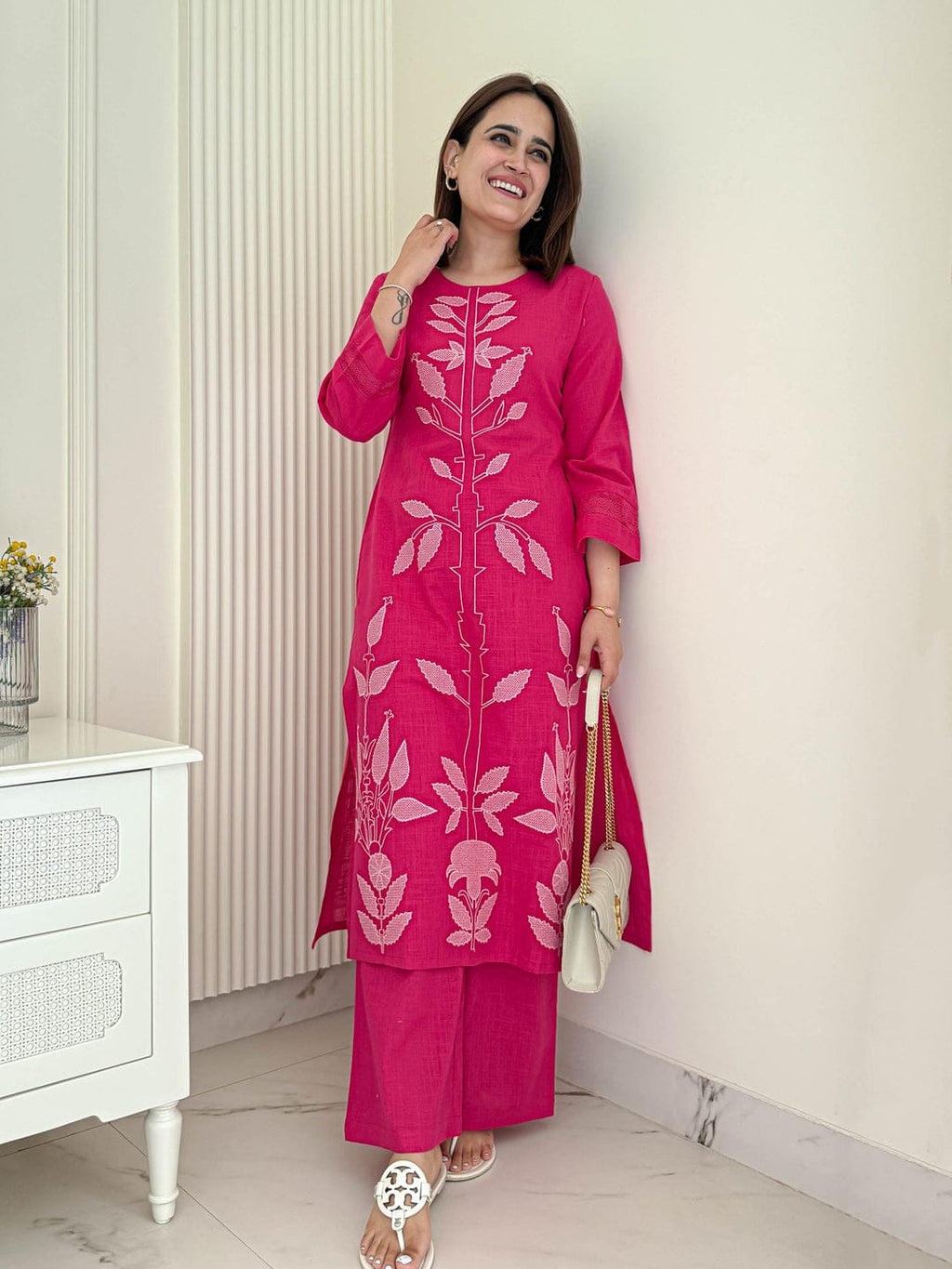 Stylish Hot Pink Embroidered Kurti Pant Set
