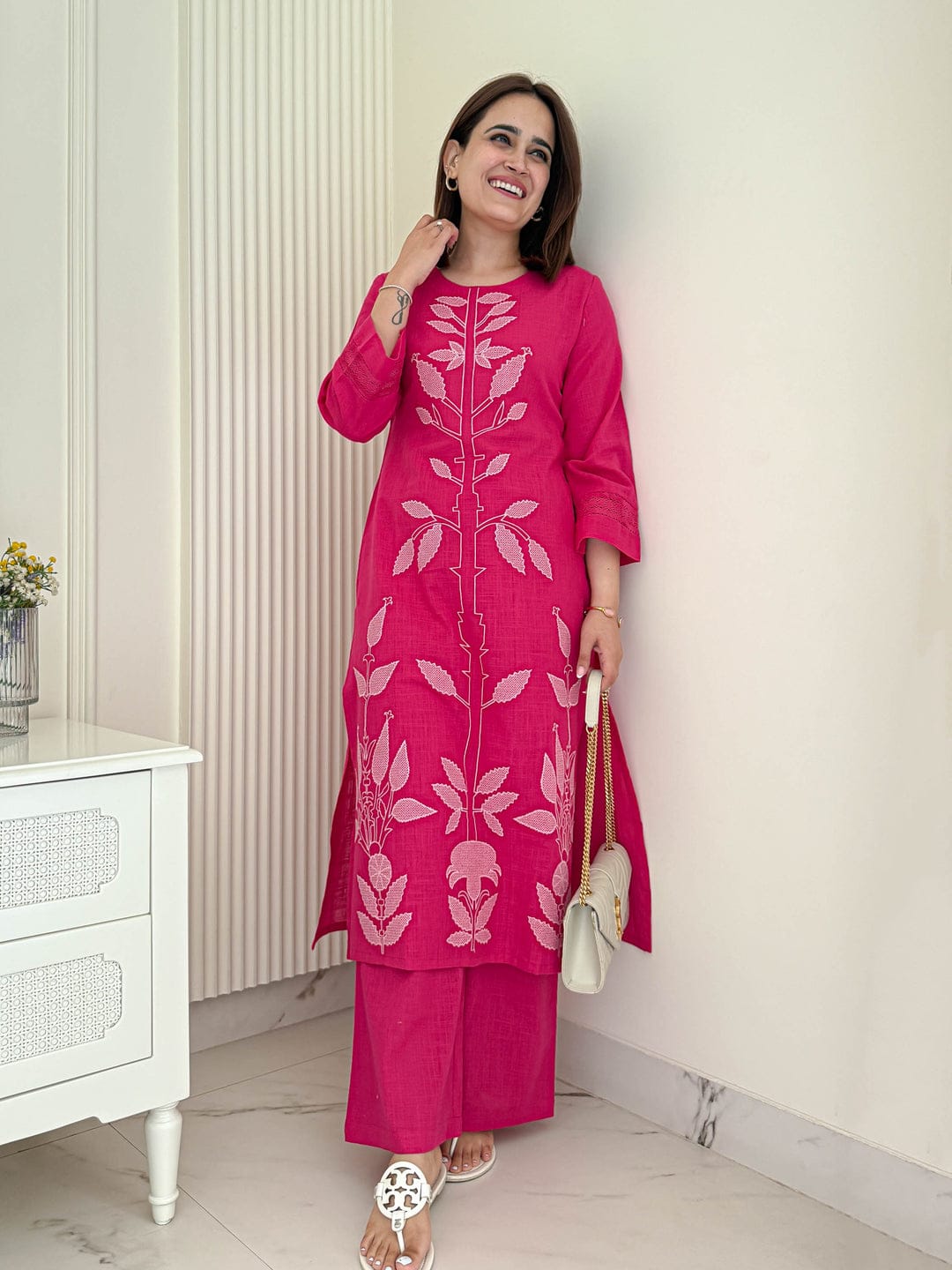 Stylish Hot Pink Embroidered Kurti Pant Set