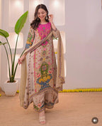 Noori Anarkali Premium Muslin Blend Palazzo Set with Double-Shade Dupatta & Complimentary Pearl Mala