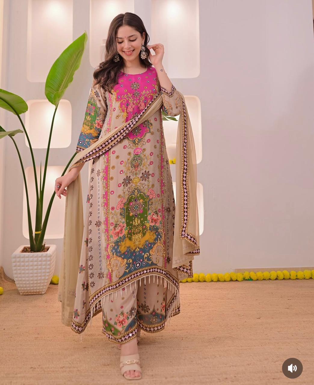 Noori Anarkali Premium Muslin Blend Palazzo Set with Double-Shade Dupatta & Complimentary Pearl Mala