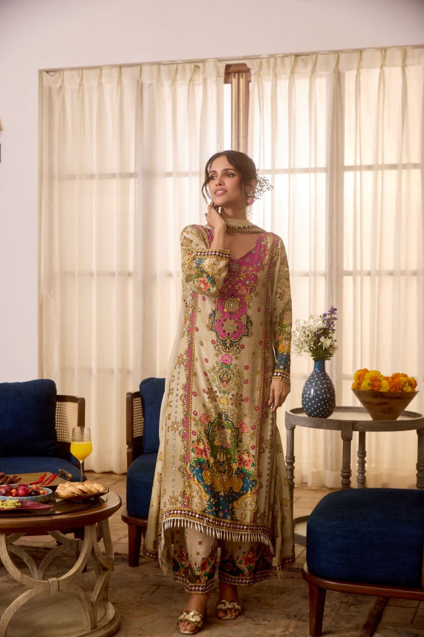 Noori Anarkali Premium Muslin Blend Palazzo Set with Double-Shade Dupatta & Complimentary Pearl Mala
