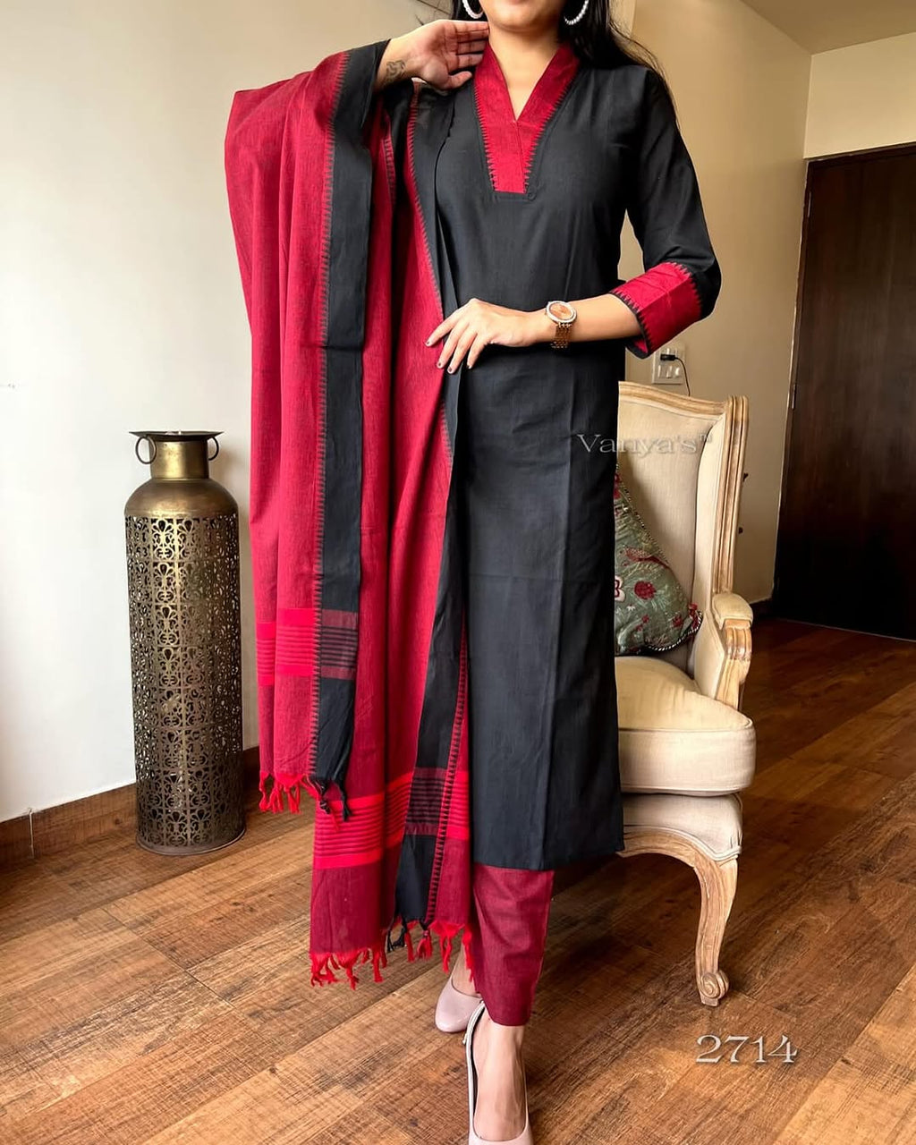Premium Red and Black 🖤 South Cotton Handloom Kurti Set 🌸