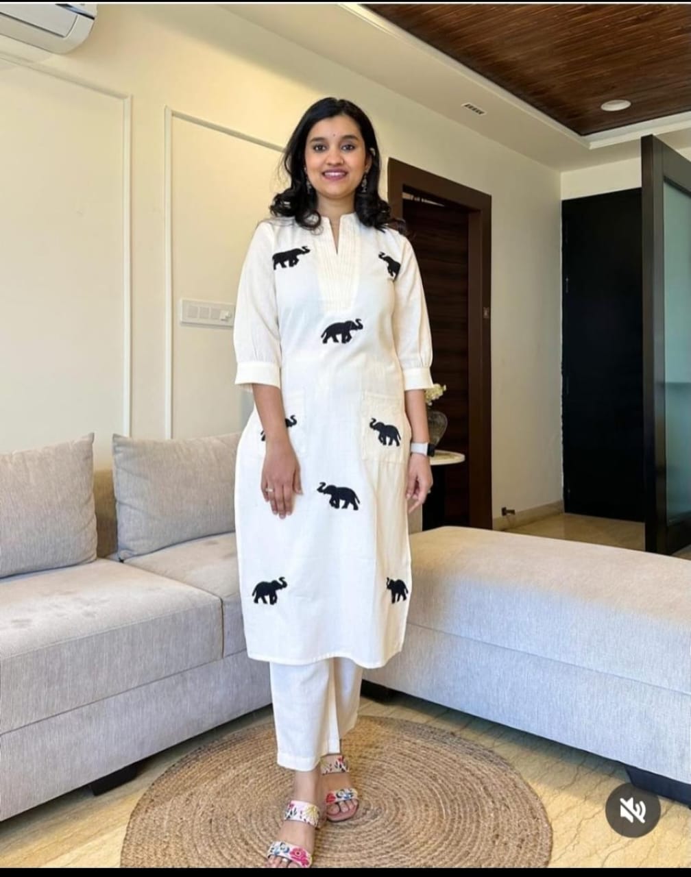 Premium Elephant Embroidered Cotton Flex Co-Ord Set for Women | Ethnic Kurta Pant Set