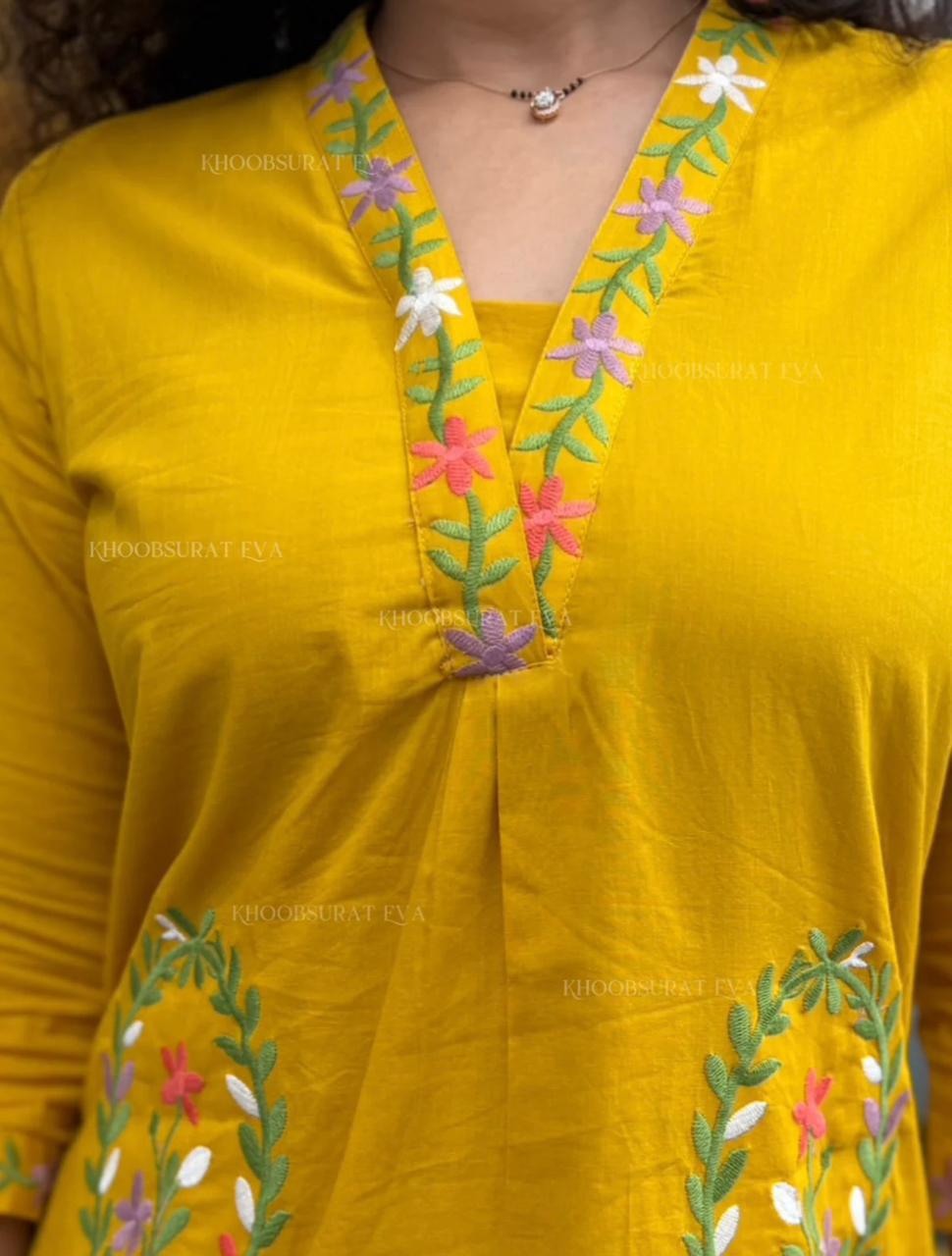 Premium Mustard Yellow Floral Embroidered Cotton Kurti for Women | Elegant Ethnic Daily Wear