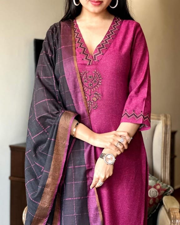 Premium Handloom Khadi Cotton Embroidered Suit Set with Dupatta