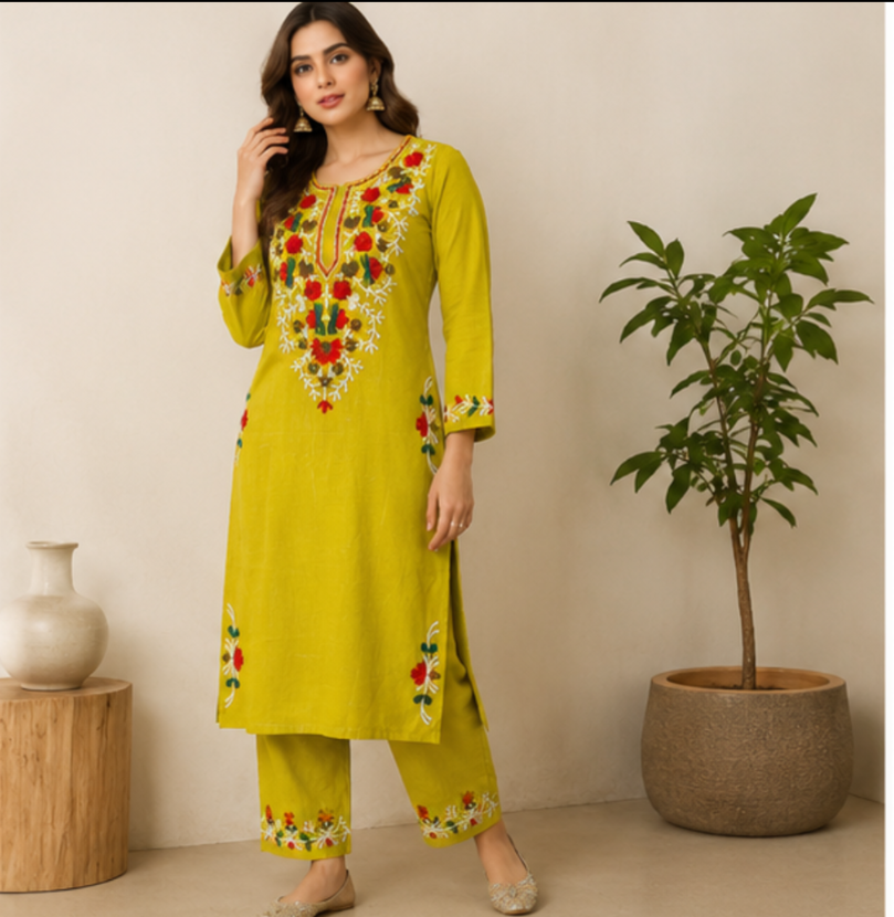 Women’s Lime Yellow Embroidered Cotton Kurta Pant Set | Elegant Ethnic Wear
