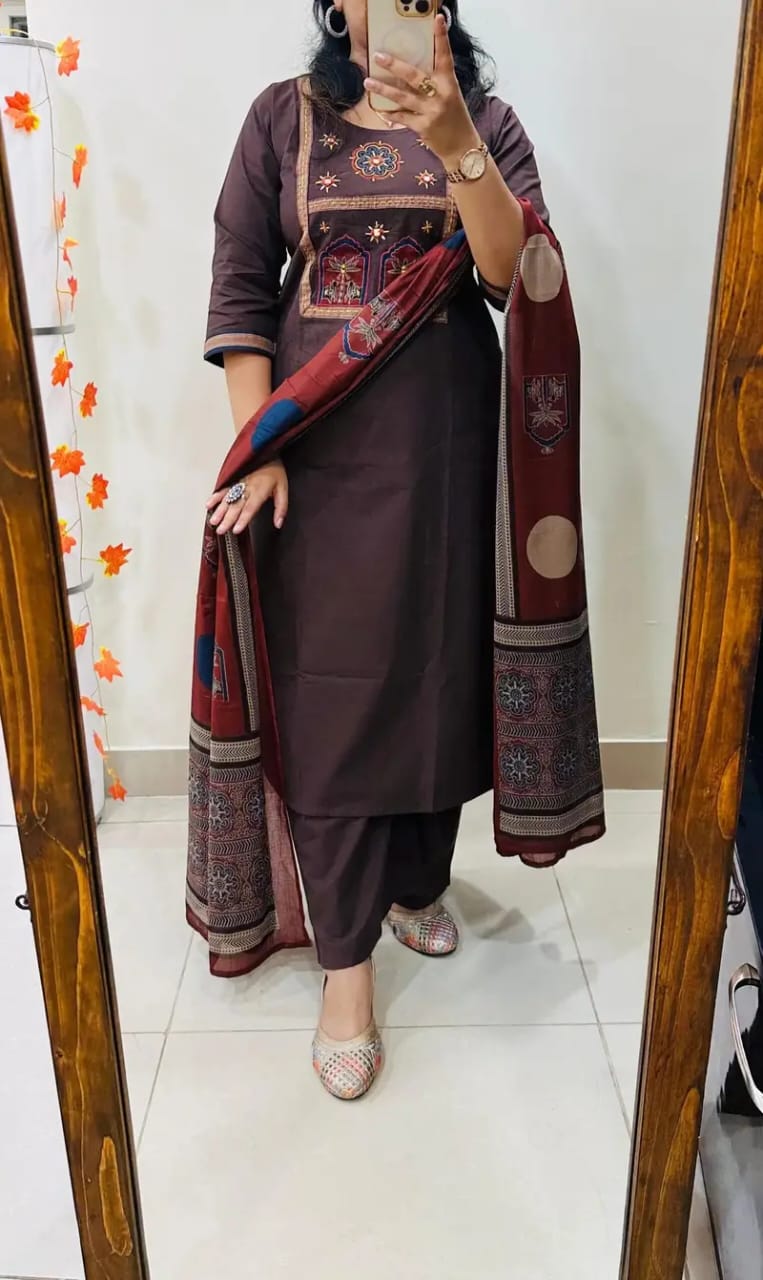 Elegant Brown Embroidered Kurta Set ✨