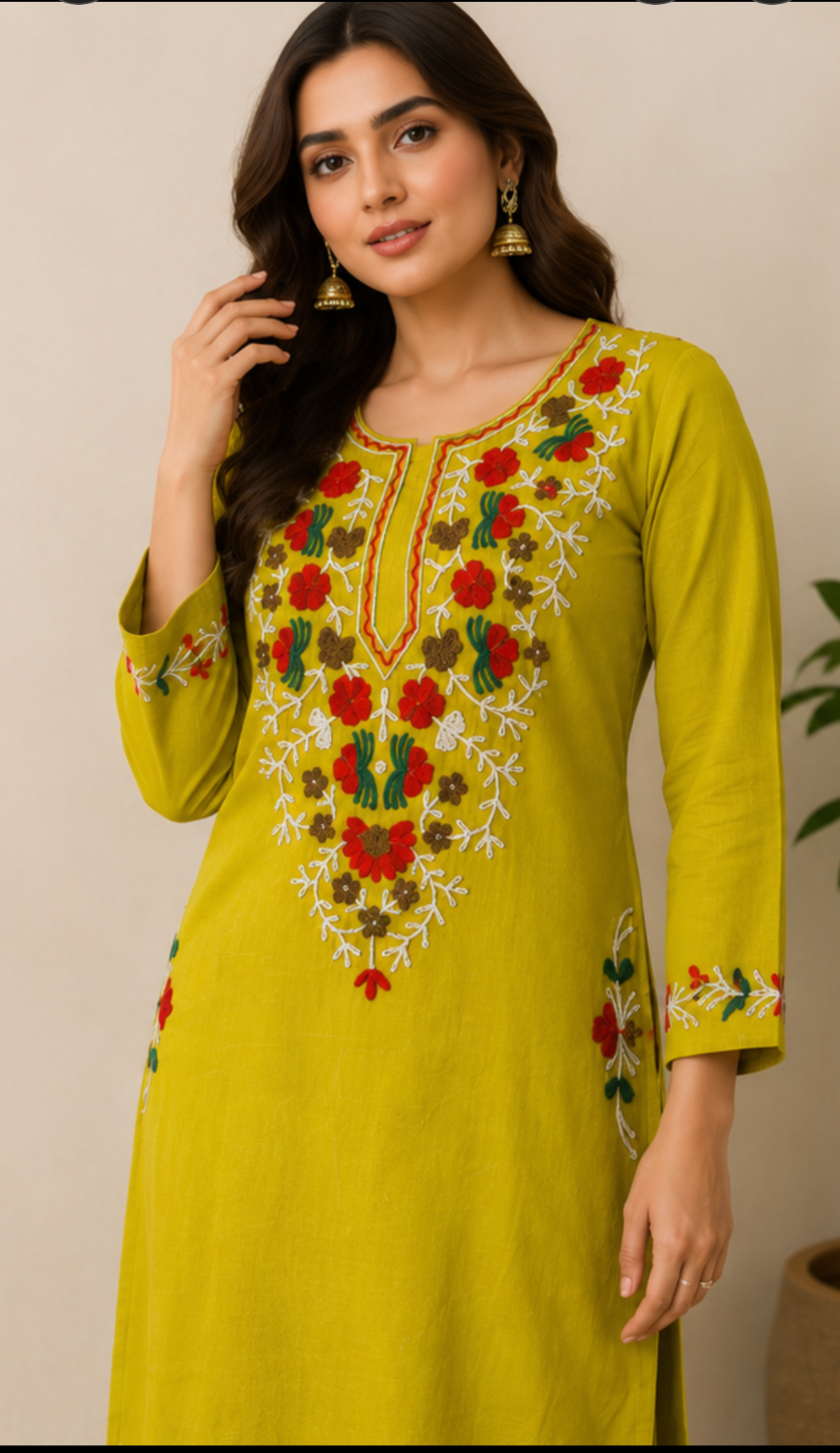 Women’s Lime Yellow Embroidered Cotton Kurta Pant Set | Elegant Ethnic Wear