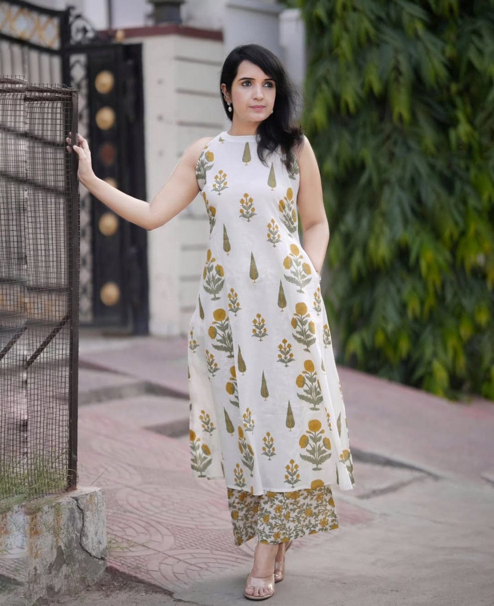 Chic Floral Hand-Block Print Cotton Flex Co-ord Set yellow 💛