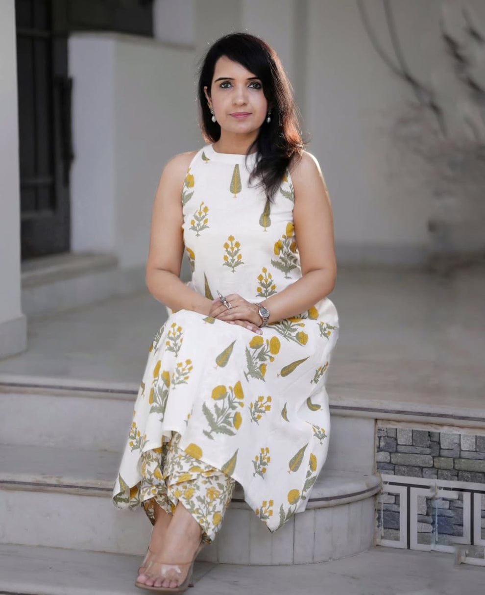Chic Floral Hand-Block Print Cotton Flex Co-ord Set yellow 💛