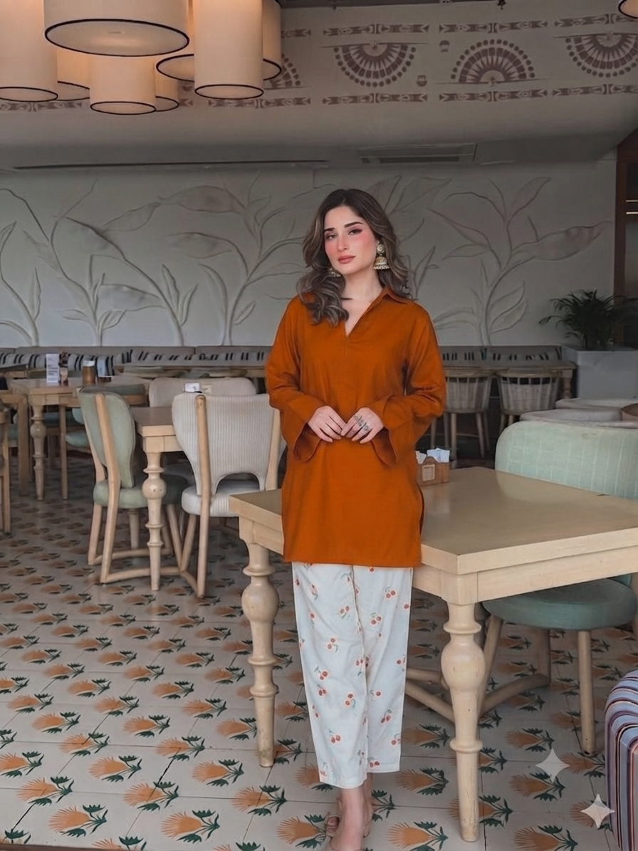 Elegant brown V-Neck Kurti with Embroidered Cotton Farshi Pant Set for Women
