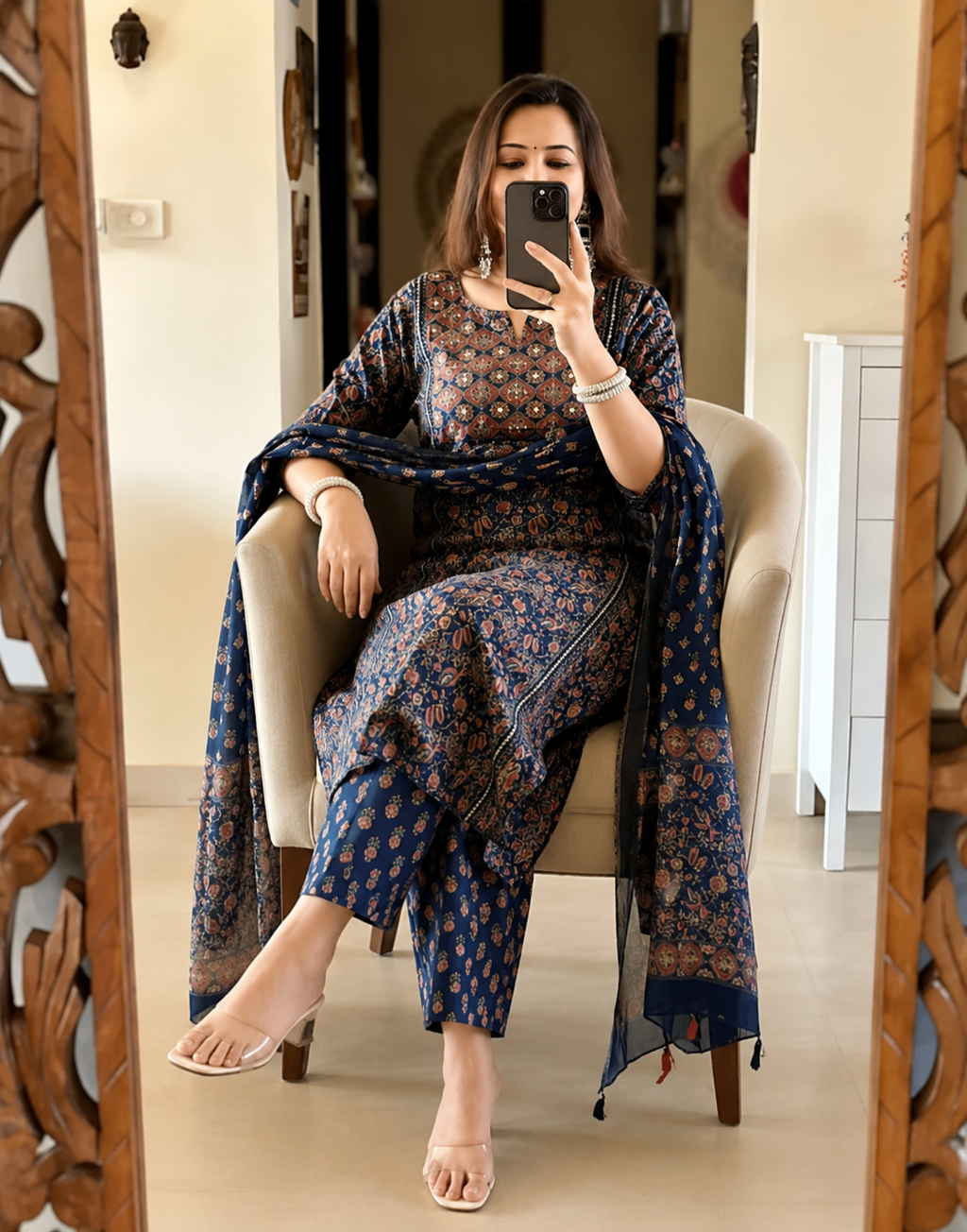 Pure Cotton Ajrakh Printed Kurti Pant Dupatta Set 💙
