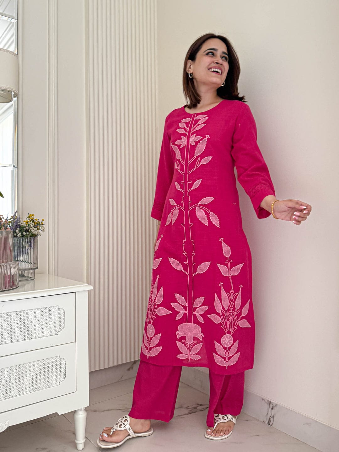 Stylish Hot Pink Embroidered Kurti Pant Set