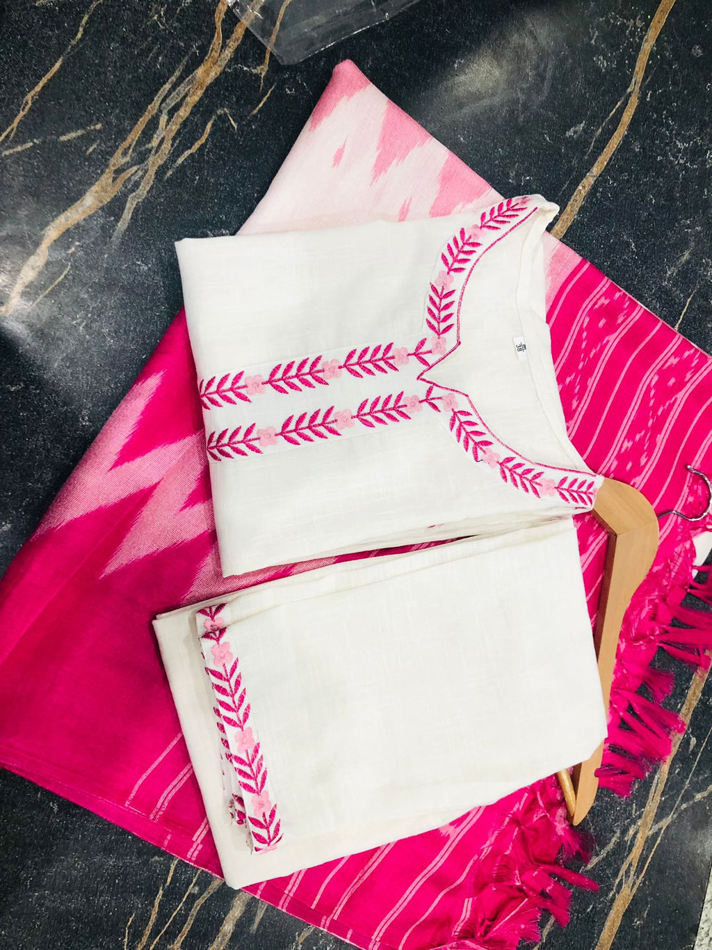 Elegant White Embroidered Kurta Pant Set with Pink Dupatta for Women | Premium Ethnic Wear Collection