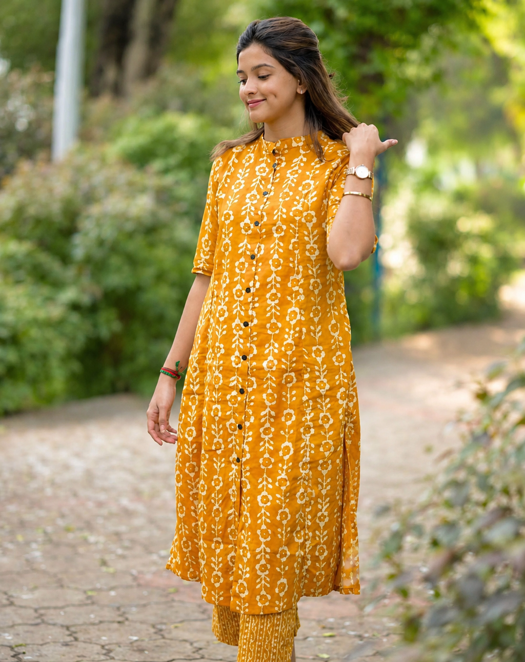 Women’s Mustard Printed Kurta Pant Co-Ord Set