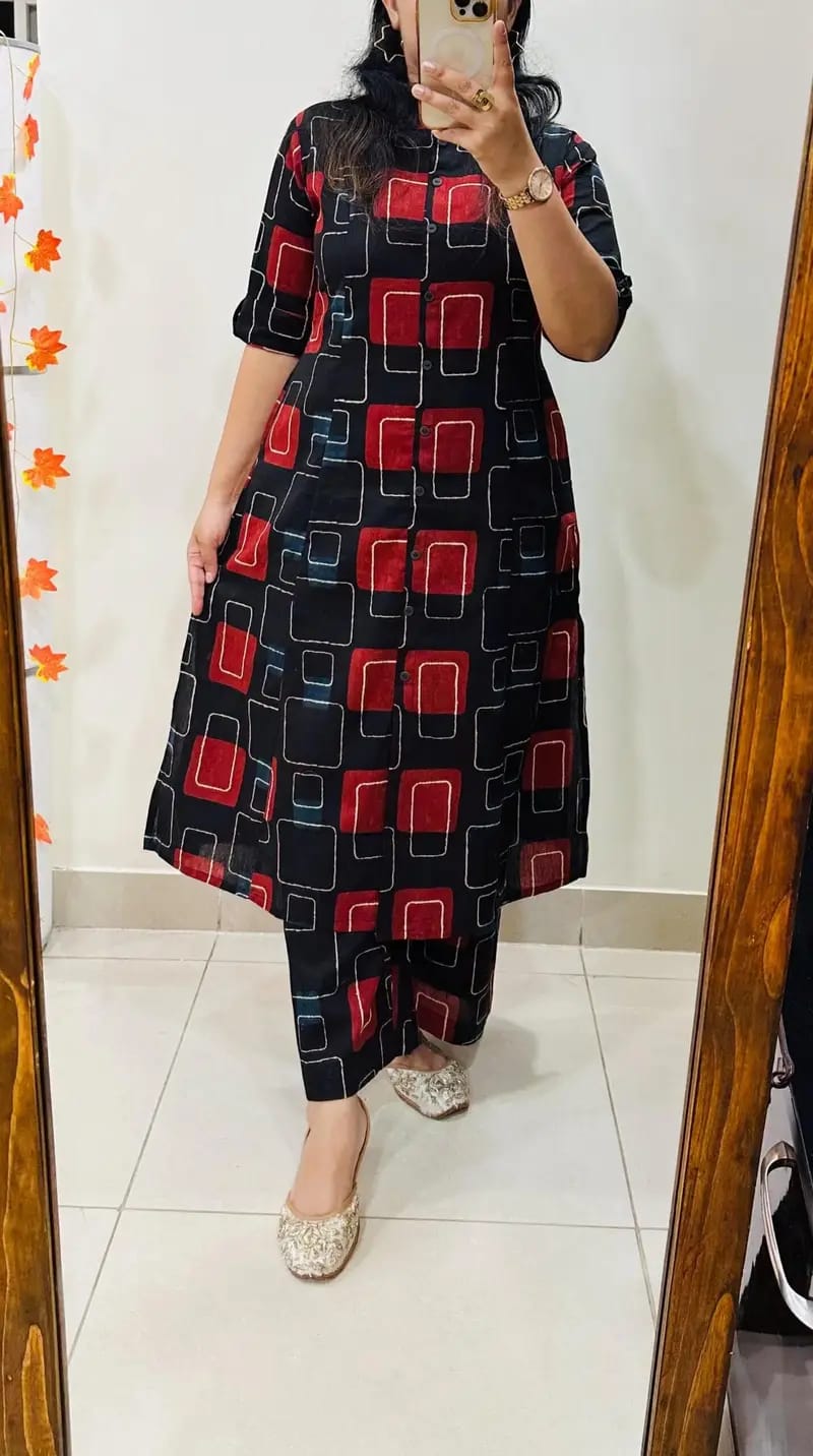 Premium Floral Fine Cotton Kurti Palazzo Co-ord Set ✨Black red