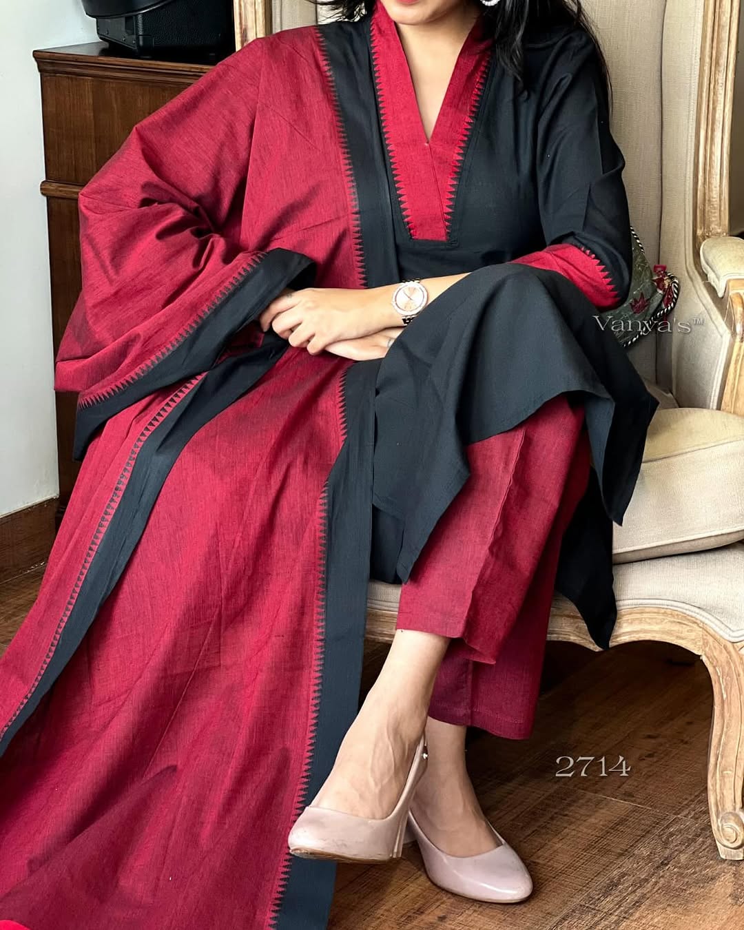 Premium Red and Black 🖤 South Cotton Handloom Kurti Set 🌸