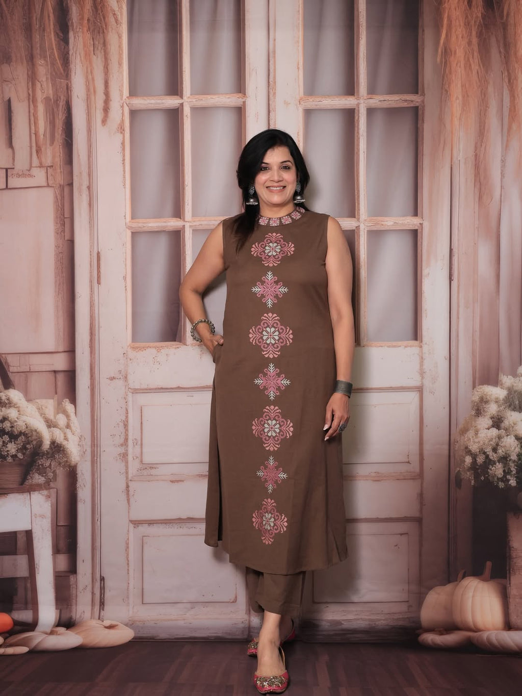 Elegant Coffee Brown Embroidered Cotton Slub Co-ord Set