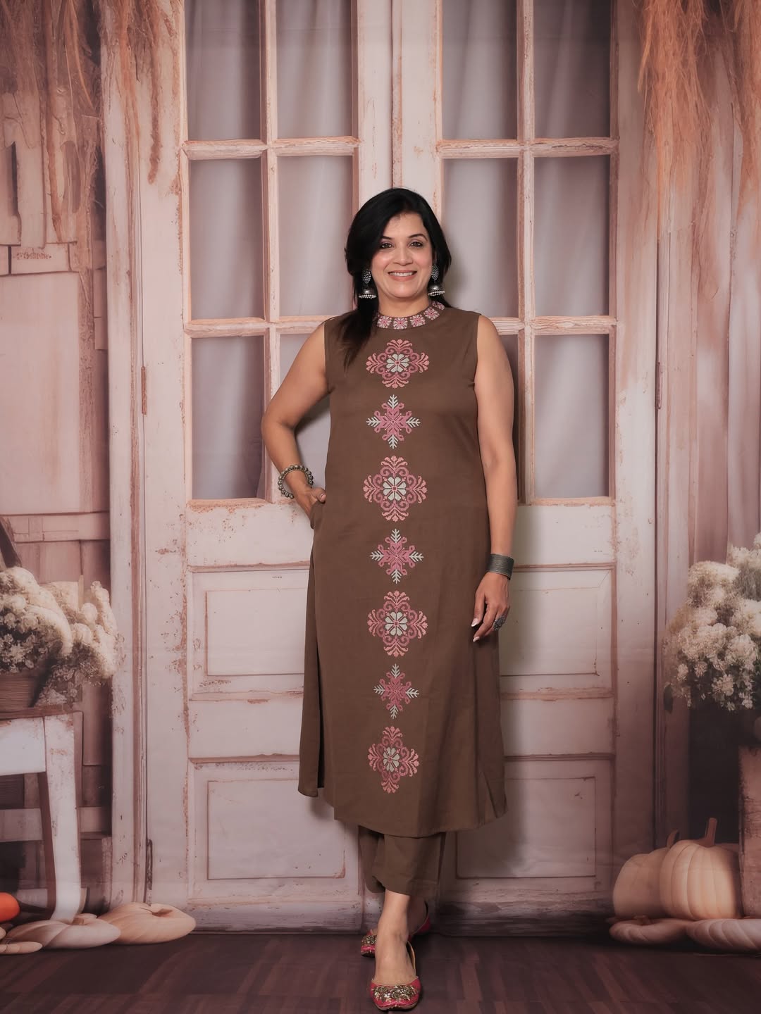 Elegant Coffee Brown Embroidered Cotton Slub Co-ord Set